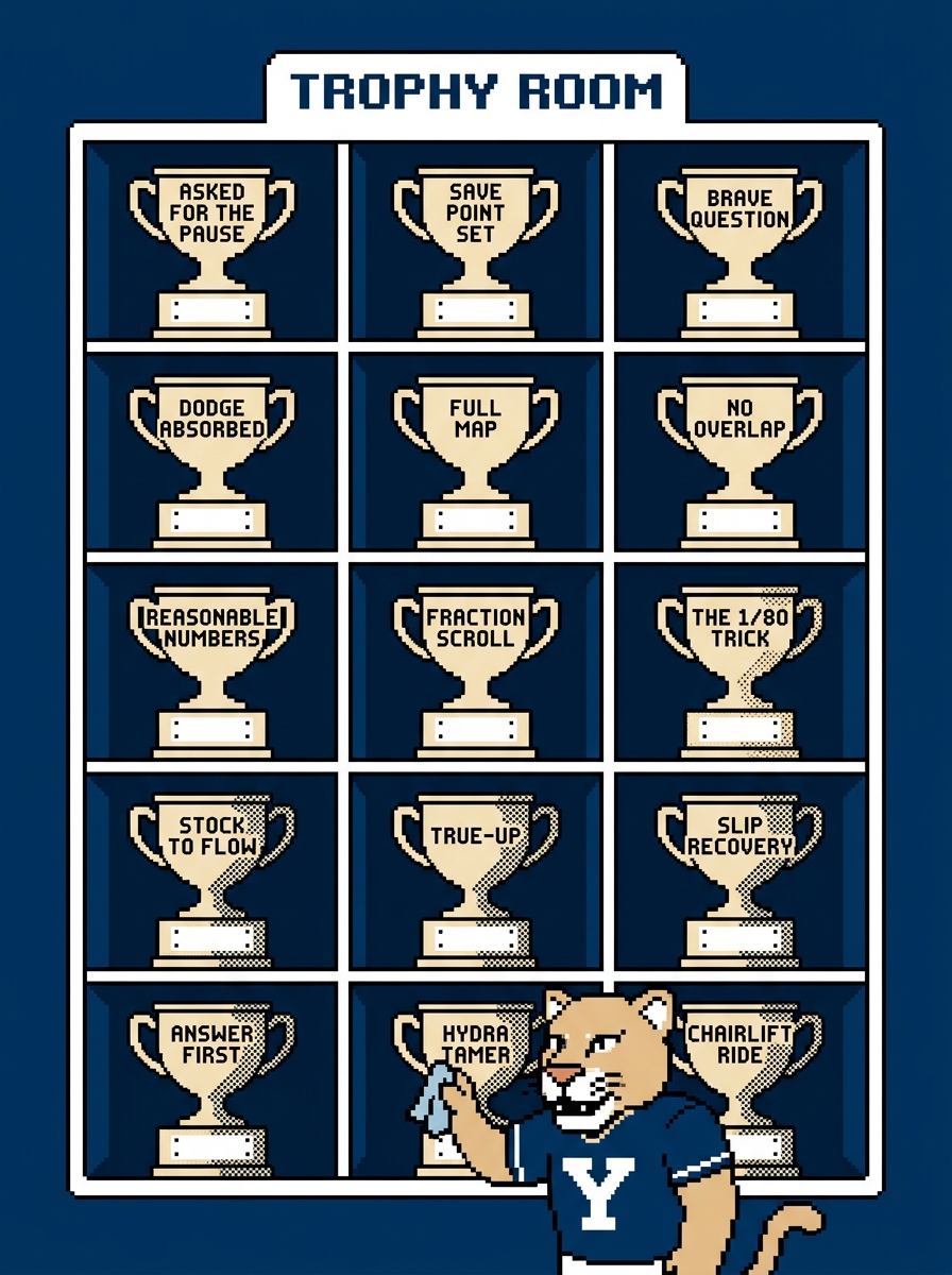 Trophy room case of fifteen achievements from Asked for the Pause to Chairlift Ride, only the first row unlocked