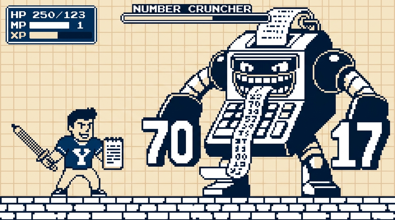 Boss fight: the Number Cruncher, an adding-machine golem with arms numbered 70 and 17