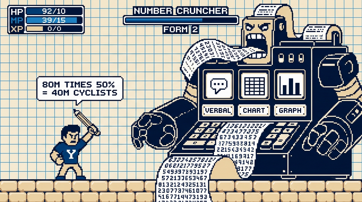 Boss fight: the Number Cruncher's second form, chest screens for verbal, chart and graph, as Cosmo calls 80M times 50% = 40M cyclists