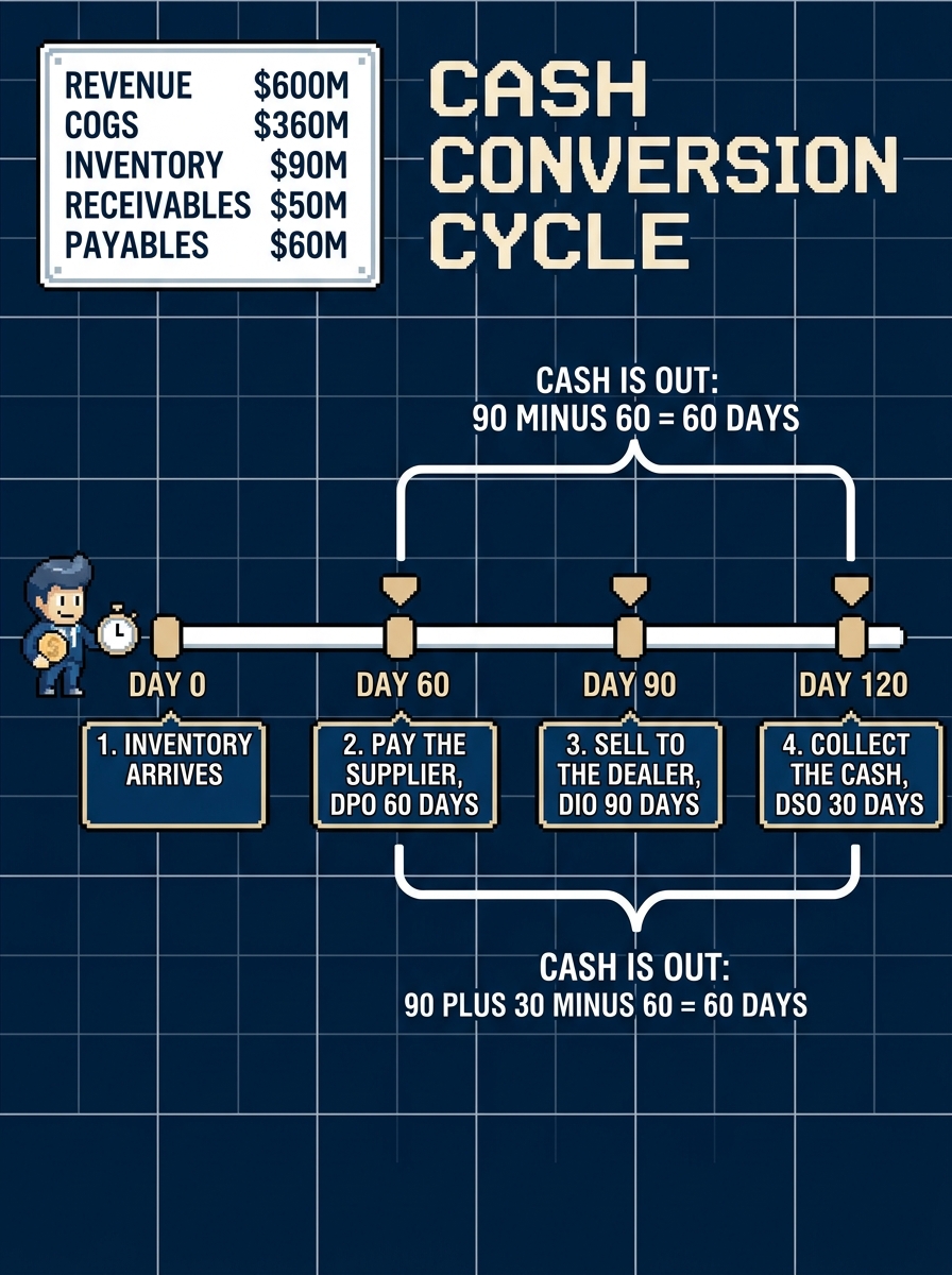 Cash conversion cycle timeline: inventory in at day 0, supplier paid day 60, sale day 90, cash collected day 120, netting 60 days
