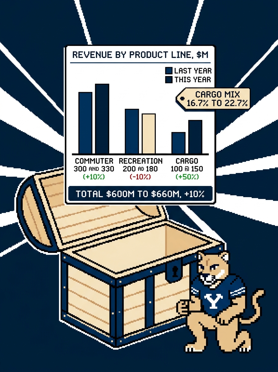 Exhibit chest: revenue by product line, commuter 300 to 330, recreation 200 to 180, cargo 100 to 150, total $600M to $660M