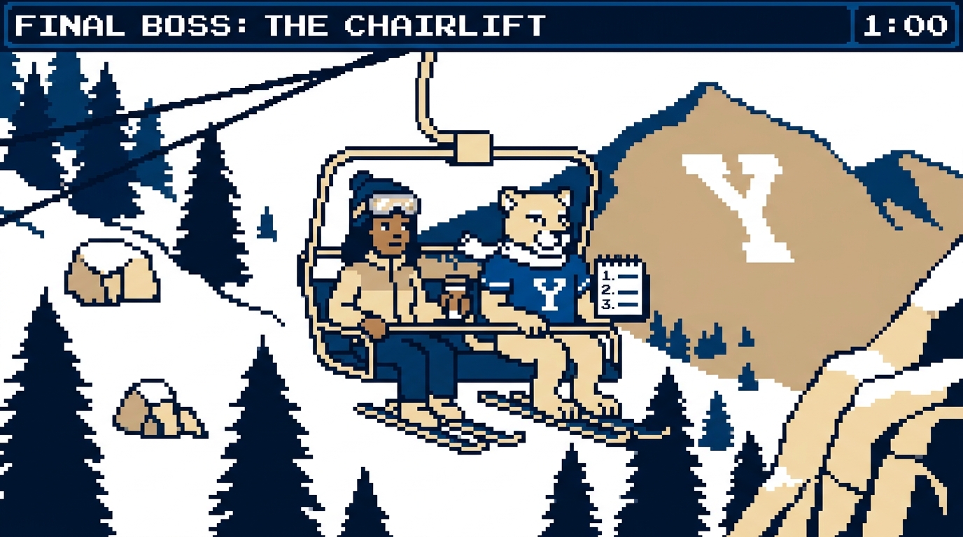Final boss: Cosmo and Dana Okafor on a chairlift, HUD reading FINAL BOSS THE CHAIRLIFT 1:00