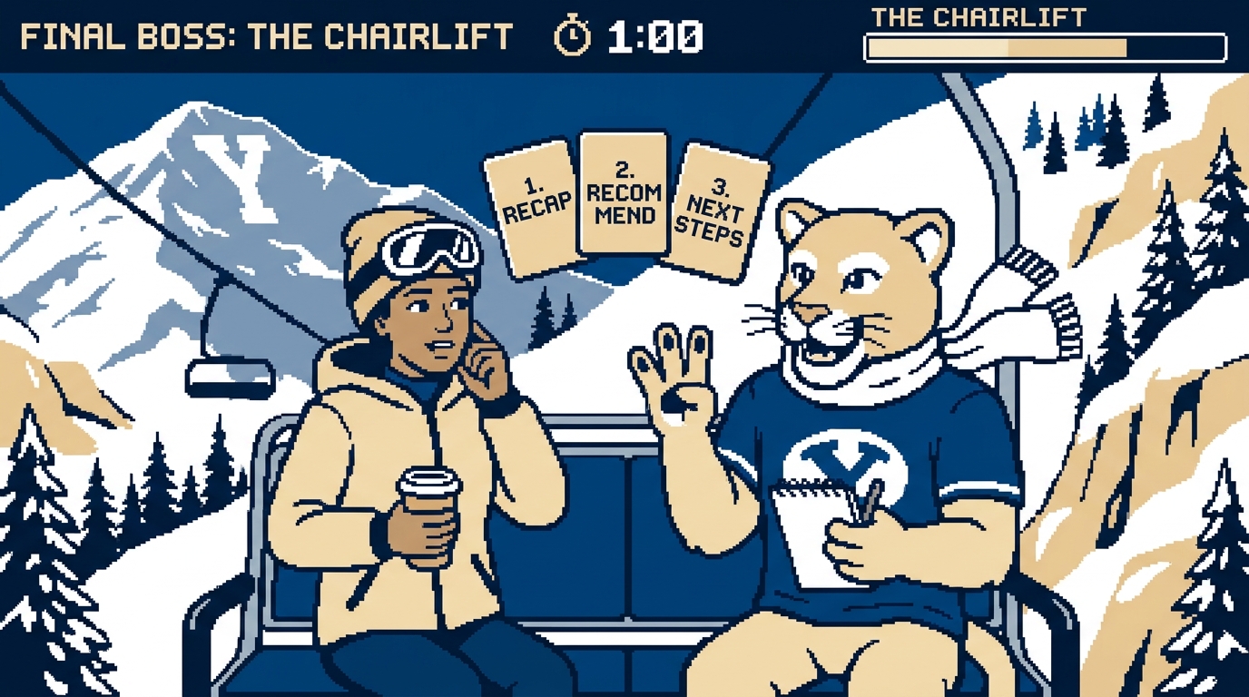 Final boss: Cosmo counts recap, recommend and next steps for Dana Okafor on the chairlift, the timer running at 1:00