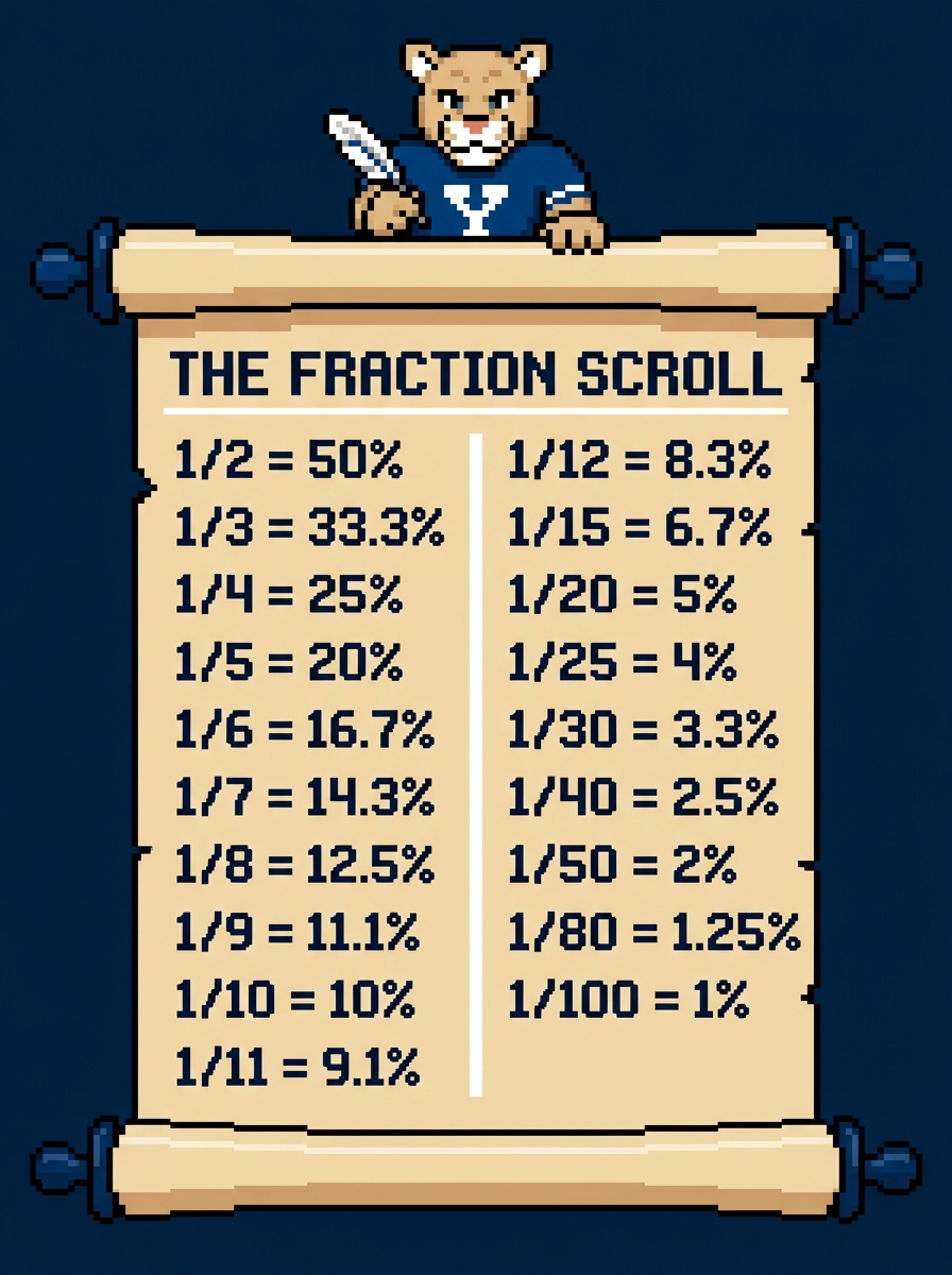 The Fraction Scroll unrolled in two columns, nineteen conversions running from 1/2 = 50% down to 1/100 = 1%