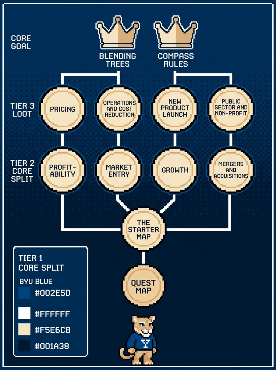 Framework skill tree branching from the starter map into eight trees, profitability through public sector, crowned by blending trees and compass rules
