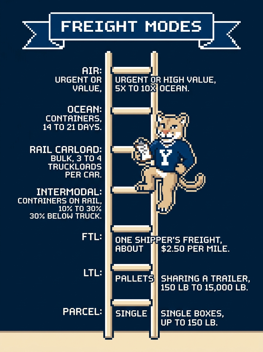 Freight modes ladder climbing from parcel and LTL to full truckload, intermodal, rail carload, ocean at 14 to 21 days, and air