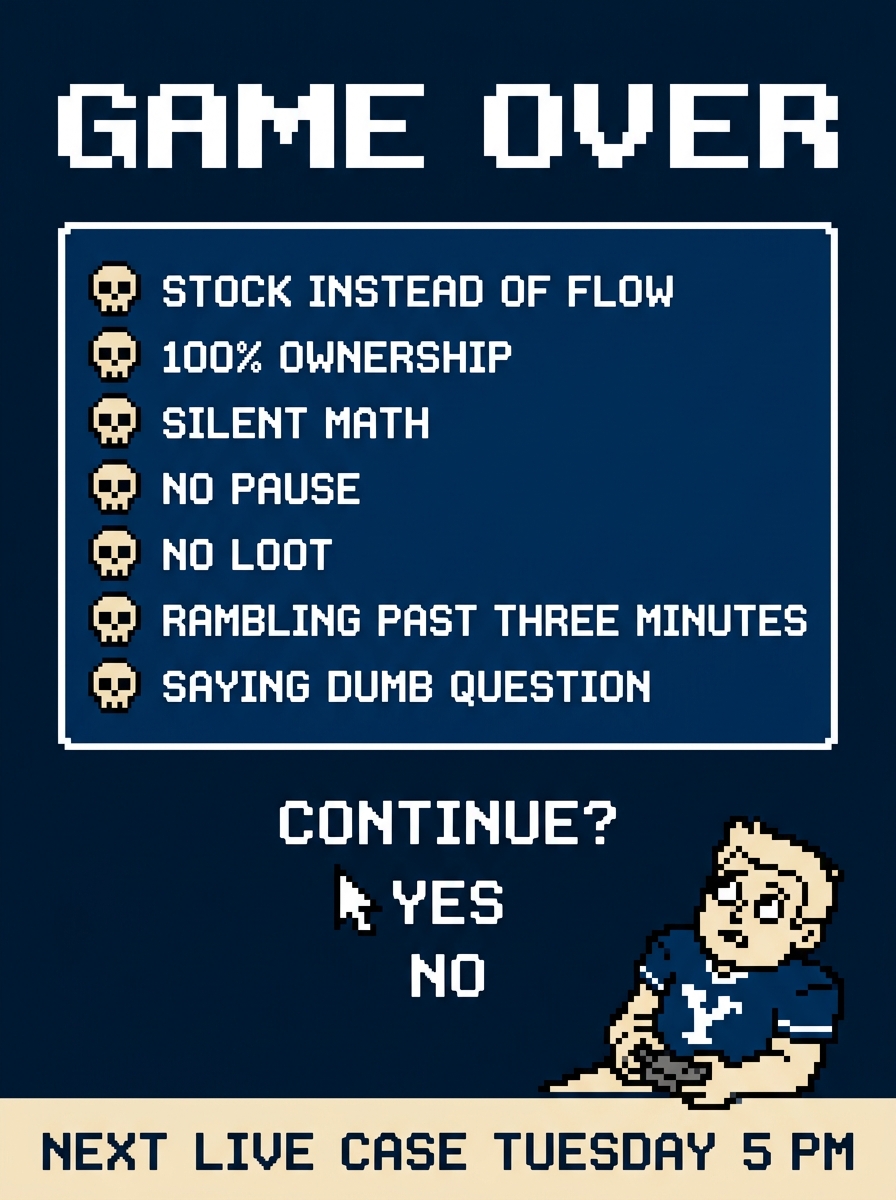 Game over screen listing seven ways to lose, stock instead of flow, silent math, no pause, with the cursor on Yes under Continue