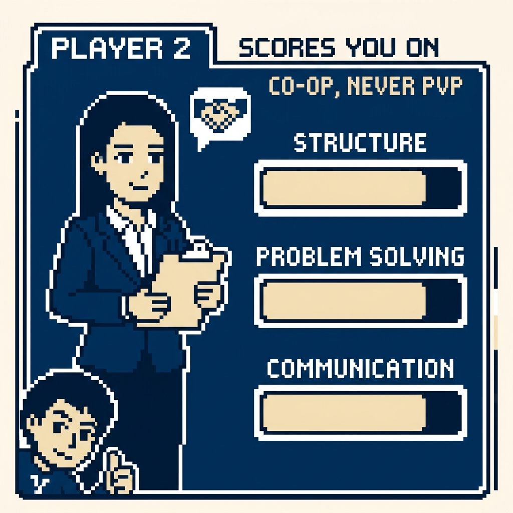 Player 2 stat card: the three bars behind the score, structure, problem solving and communication, above the line co-op never PvP