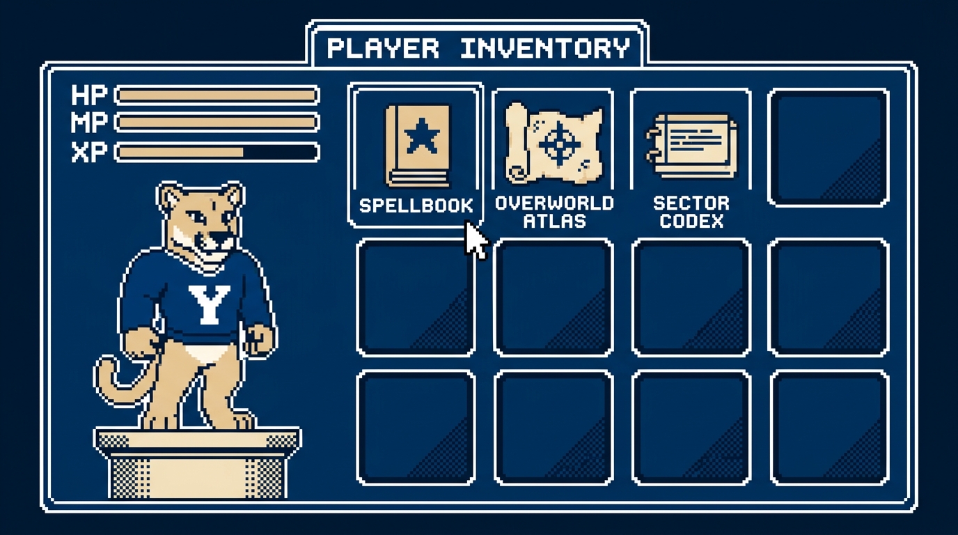 Inventory screen: Cosmo on a pedestal beside HP, MP and XP bars and a 3 by 3 item grid