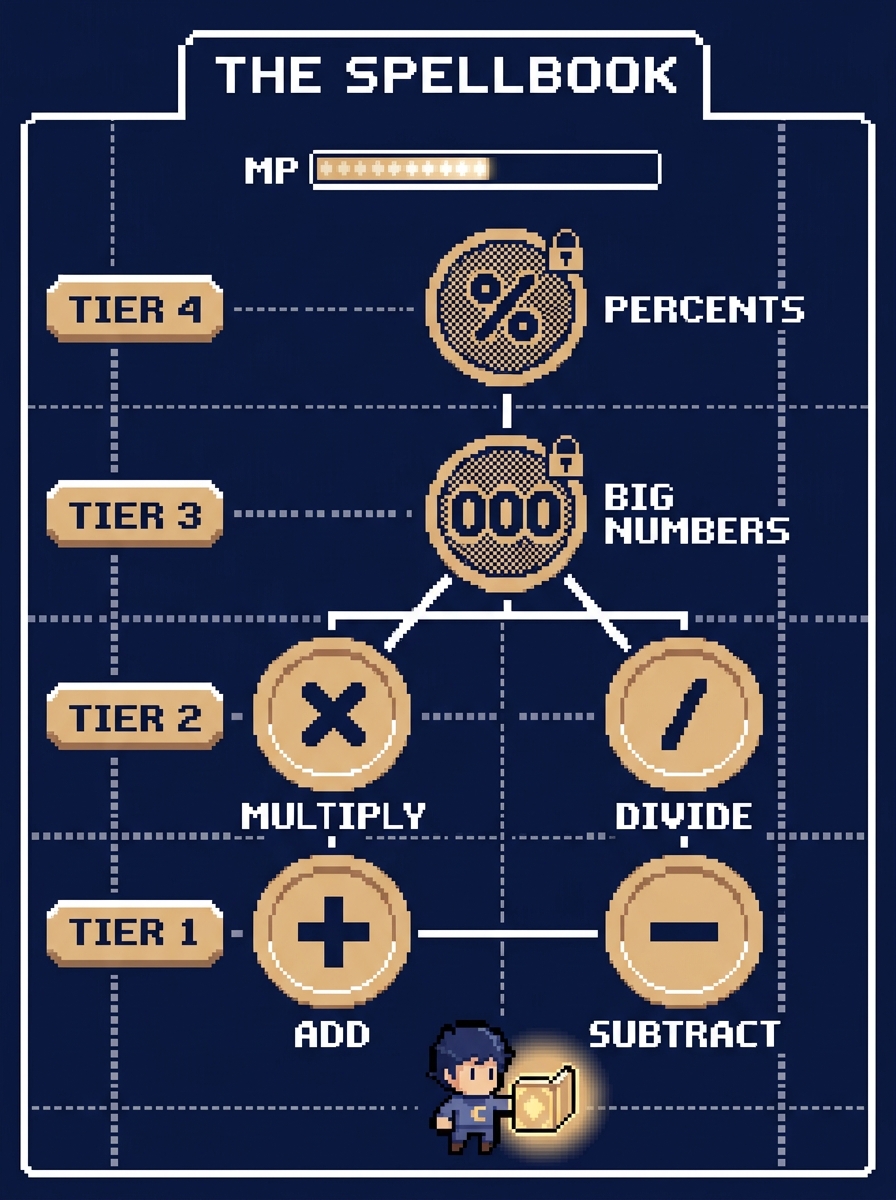 Spellbook skill tree in four tiers: add and subtract, multiply and divide, big numbers, then percents, the top nodes still locked