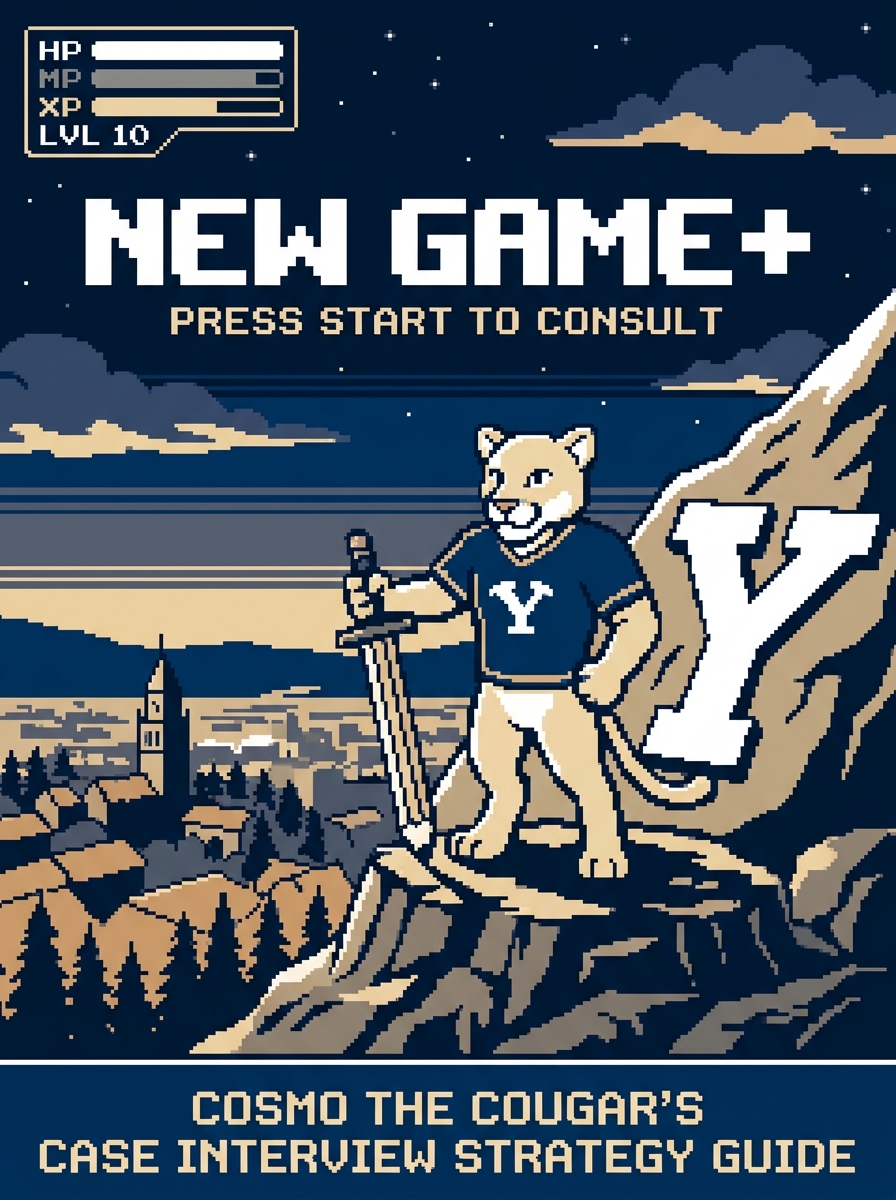 New Game+ cover: Cosmo at the Y Mountain summit, pencil-sword planted, full HP, MP and XP bars over Provo at dusk