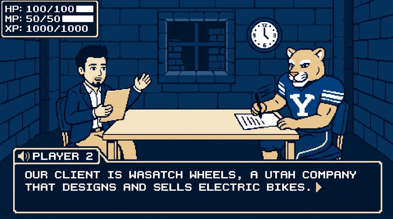 Opening cutscene: Player 2 reads the prompt while Cosmo takes notes sideways, the dialogue box naming Wasatch Wheels, a Utah e-bike company
