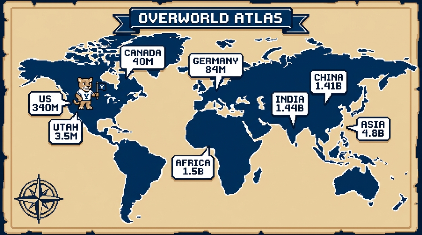Parchment world atlas with population callouts and Cosmo standing on Utah