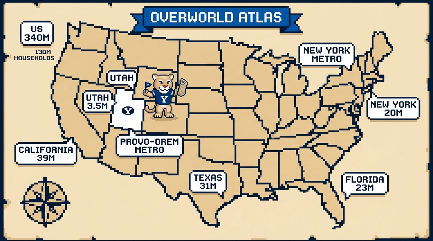 Overworld Atlas of the United States: callouts for 340M people, 130M households, California 39M, Texas 31M, Utah 3.5M, Provo-Orem 780K