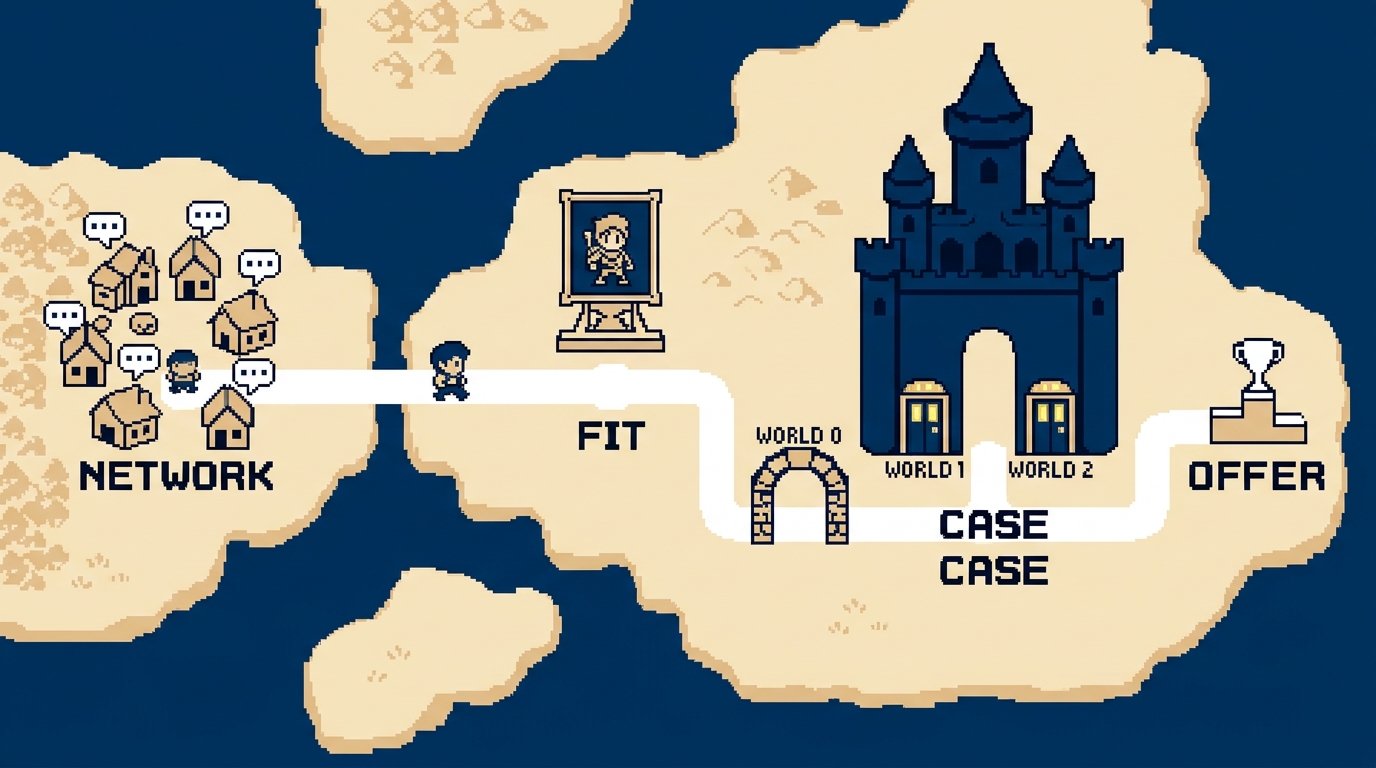 Overworld map: a white road through NETWORK, FIT, CASE and OFFER with the WORLD 0 gate