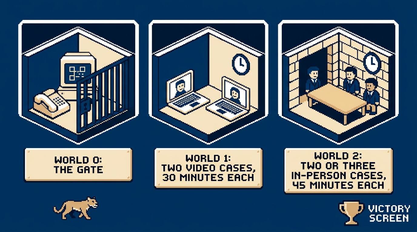 World select: World 0 the gate, World 1 two 30-minute video cases, World 2 two or three 45-minute in-person cases