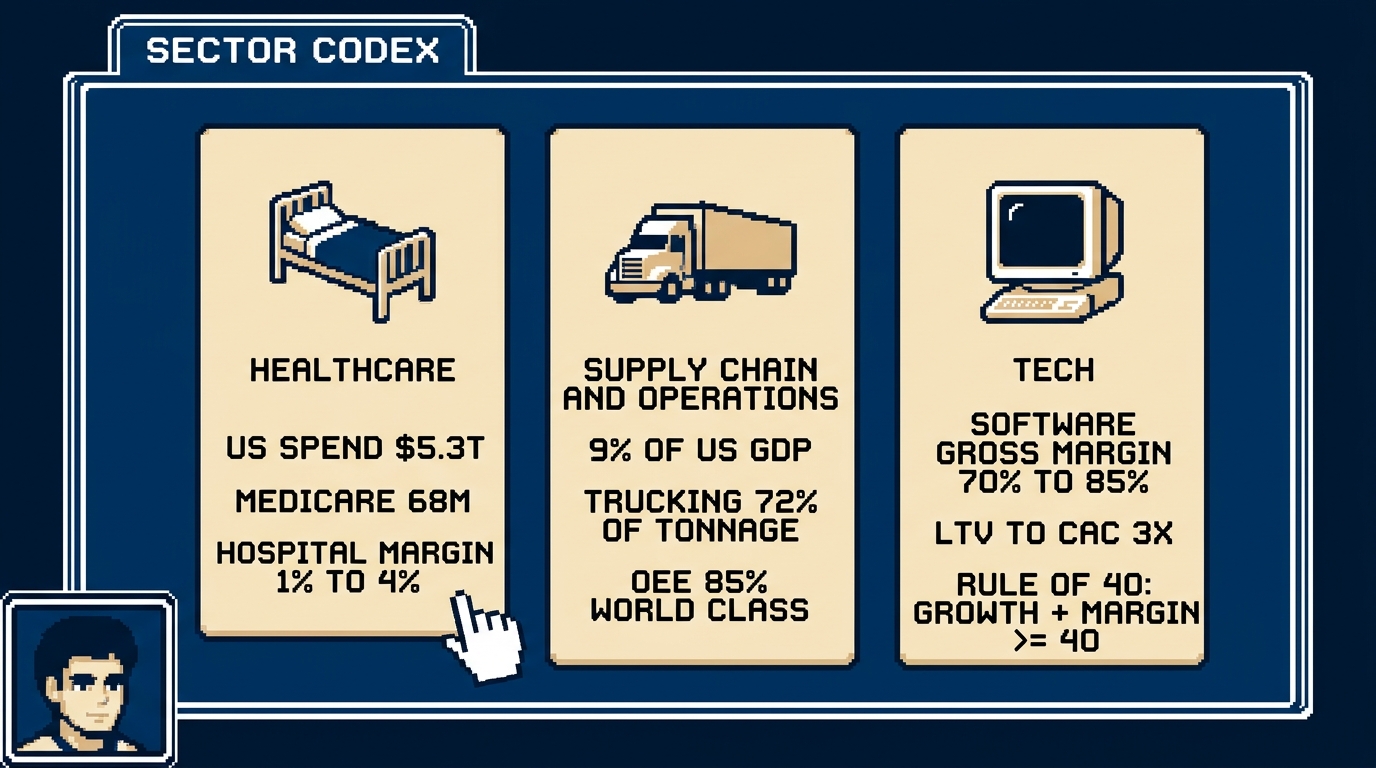 Sector Codex panel: three card slots for healthcare, supply chain and tech with headline figures