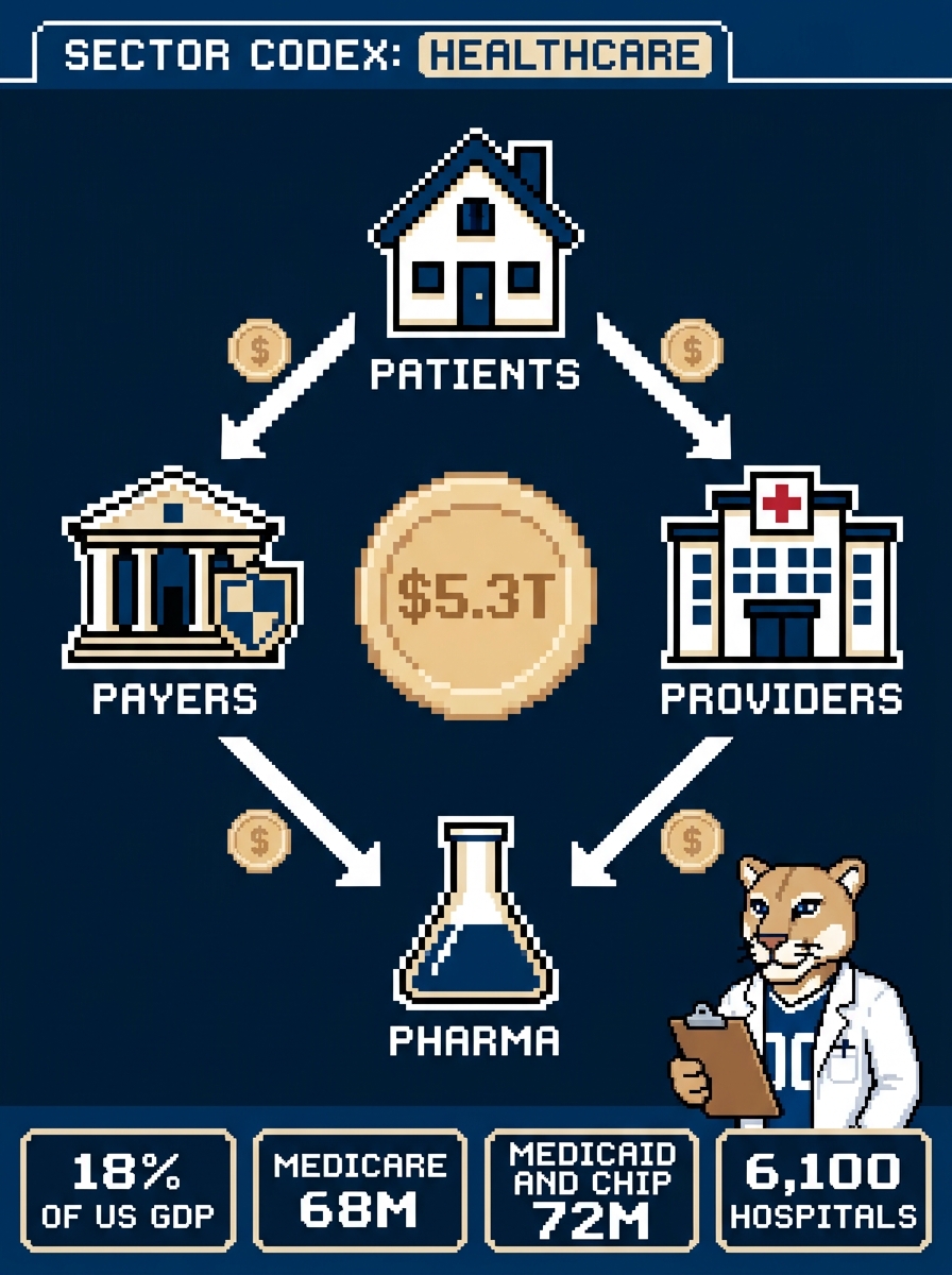 Healthcare codex: money flowing from patients to payers to providers to pharma around a $5.3T coin, 18% of US GDP