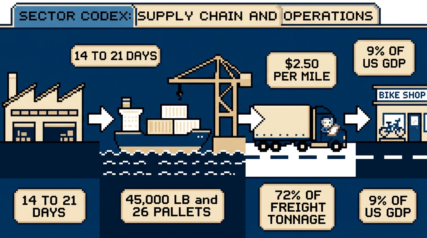 Supply chain banner from plant to ship to truck to bike shop: 14 to 21 days ocean, $2.50 per mile trucking, 9% of US GDP