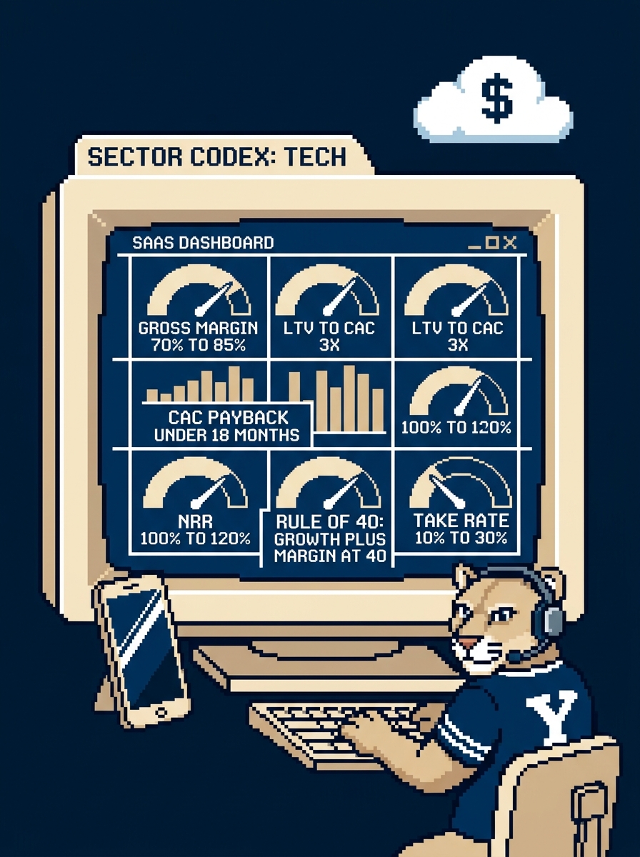 Tech codex dashboard: gross margin 70% to 85%, LTV to CAC 3x, CAC payback under 18 months, NRR 100% to 120%, Rule of 40