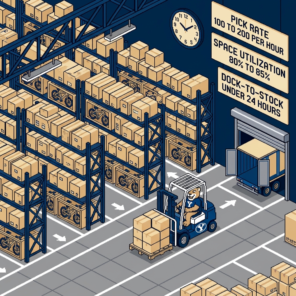 Warehouse interior with Cosmo on a forklift under signs for pick rate 100 to 200 per hour and dock-to-stock under 24 hours