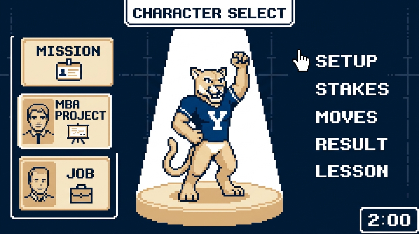 Character select for fit stories: mission, MBA project and job cards beside the five beats setup, stakes, moves, result, lesson