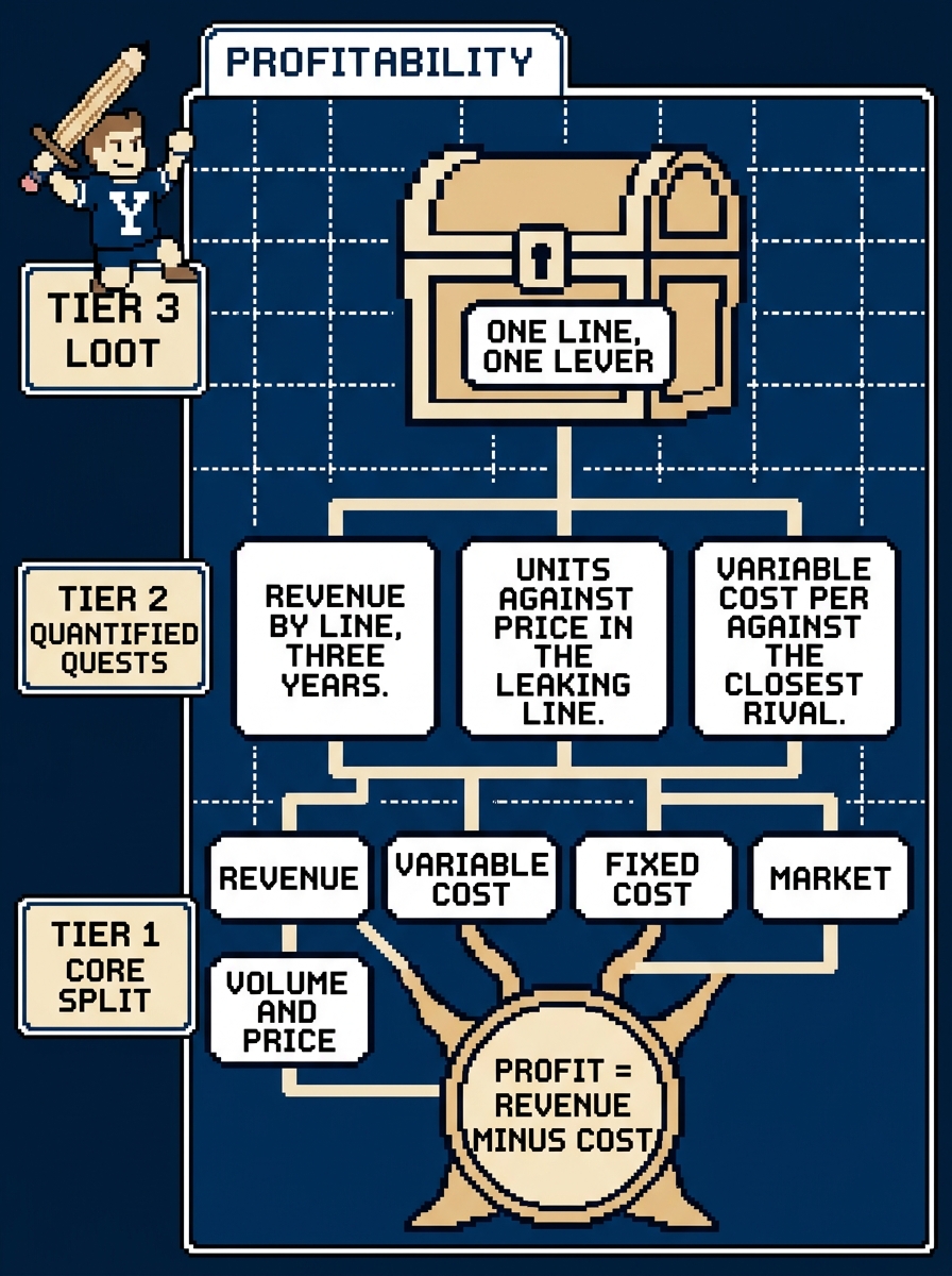 Profitability tree: profit equals revenue minus cost splitting into revenue, variable cost, fixed cost and market, with the loot one line, one lever