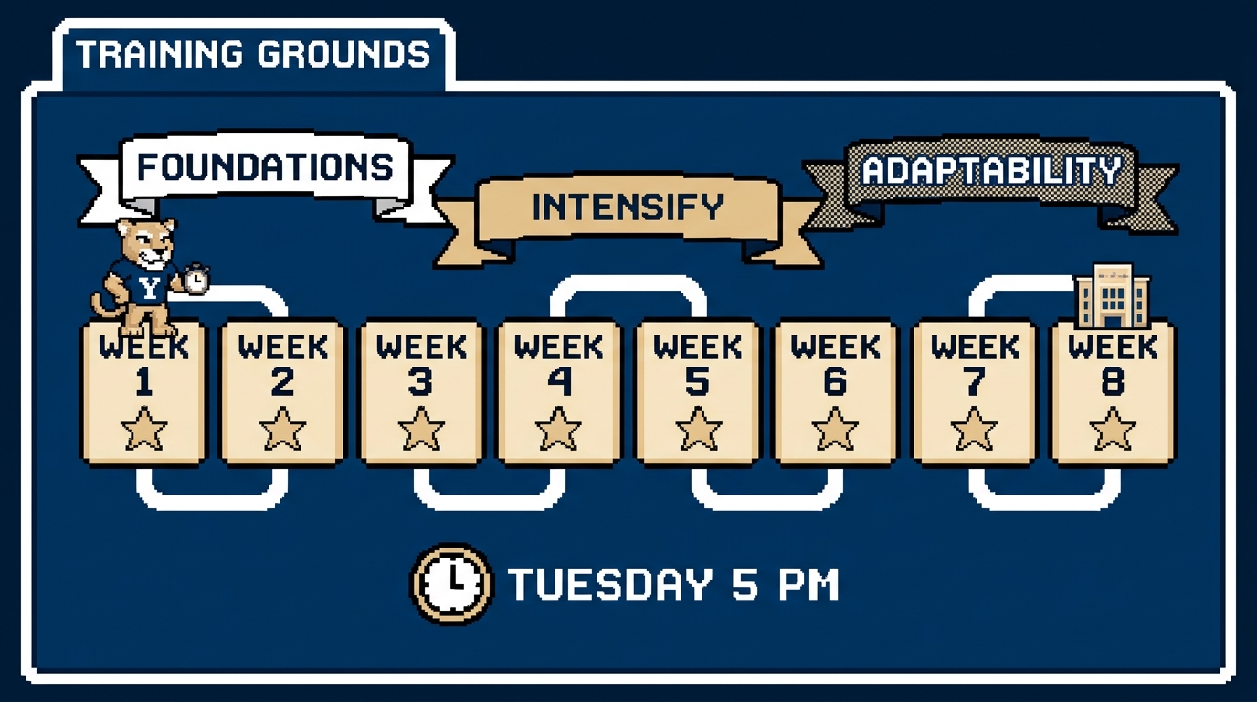 Training calendar of eight week tiles: Foundations over weeks 1 and 2, Intensify weeks 3 to 6, Adaptability weeks 7 and 8