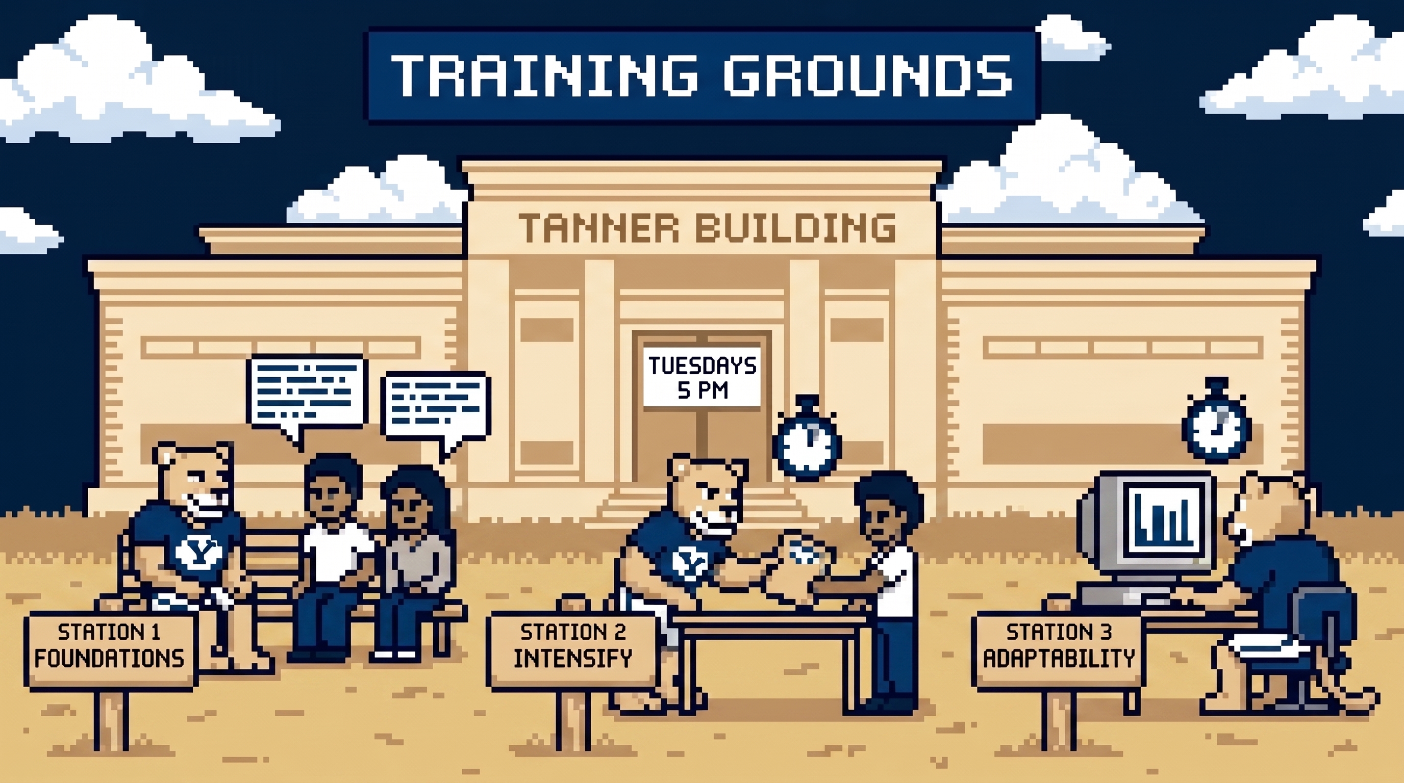 Training Grounds montage outside the Tanner Building: stations for Foundations, Intensify and Adaptability, a door sign reading Tuesdays 5 pm